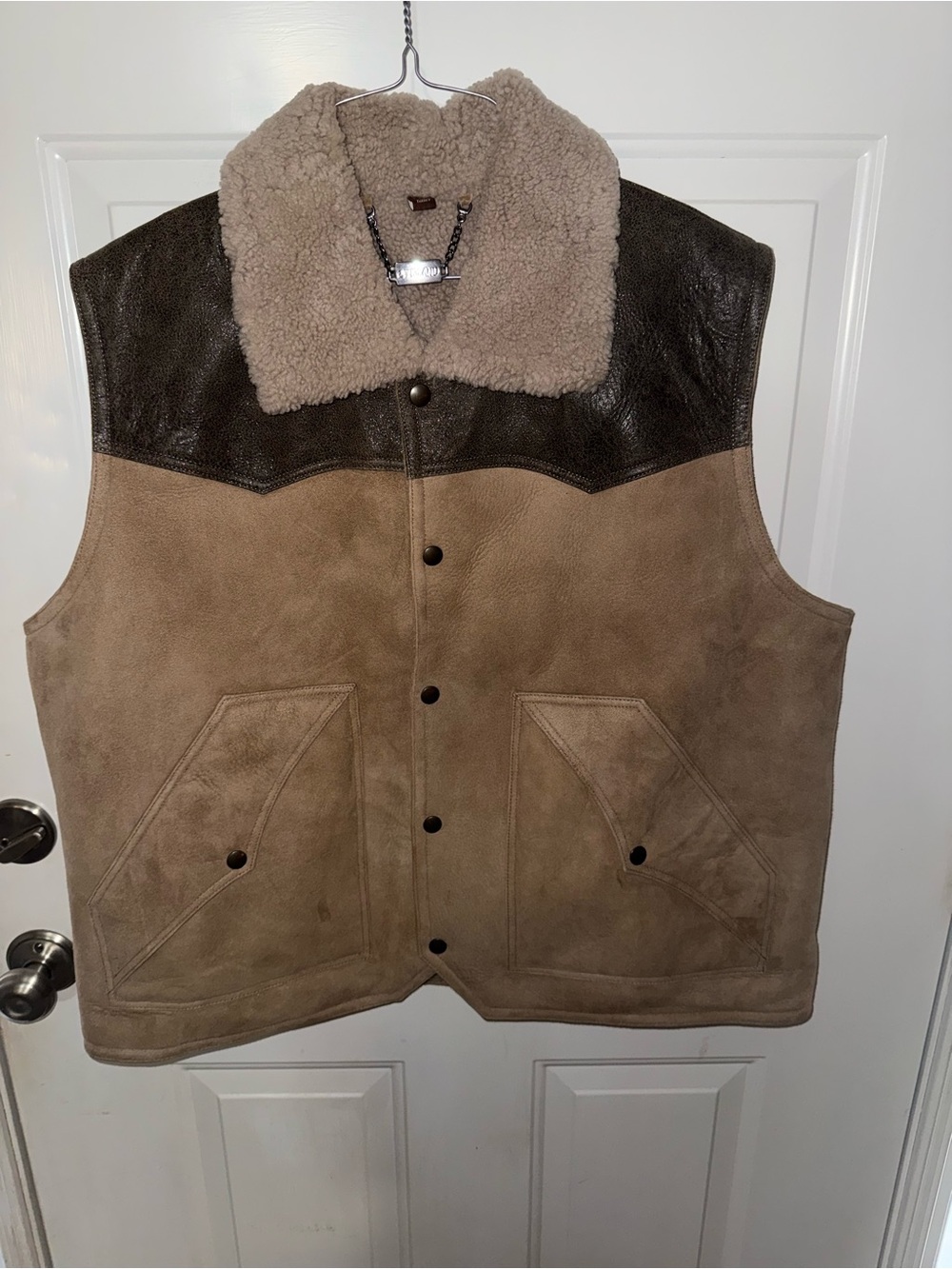 Tan Suede Shearling-Lined Vest with Dark Brown Yoke